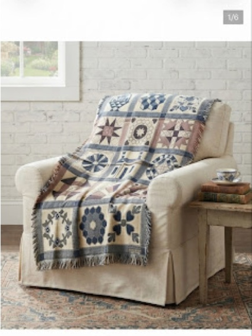 Vintage Cottagecore Quilt Block Fringed Cotton Throw MWW brand Country Folk Art